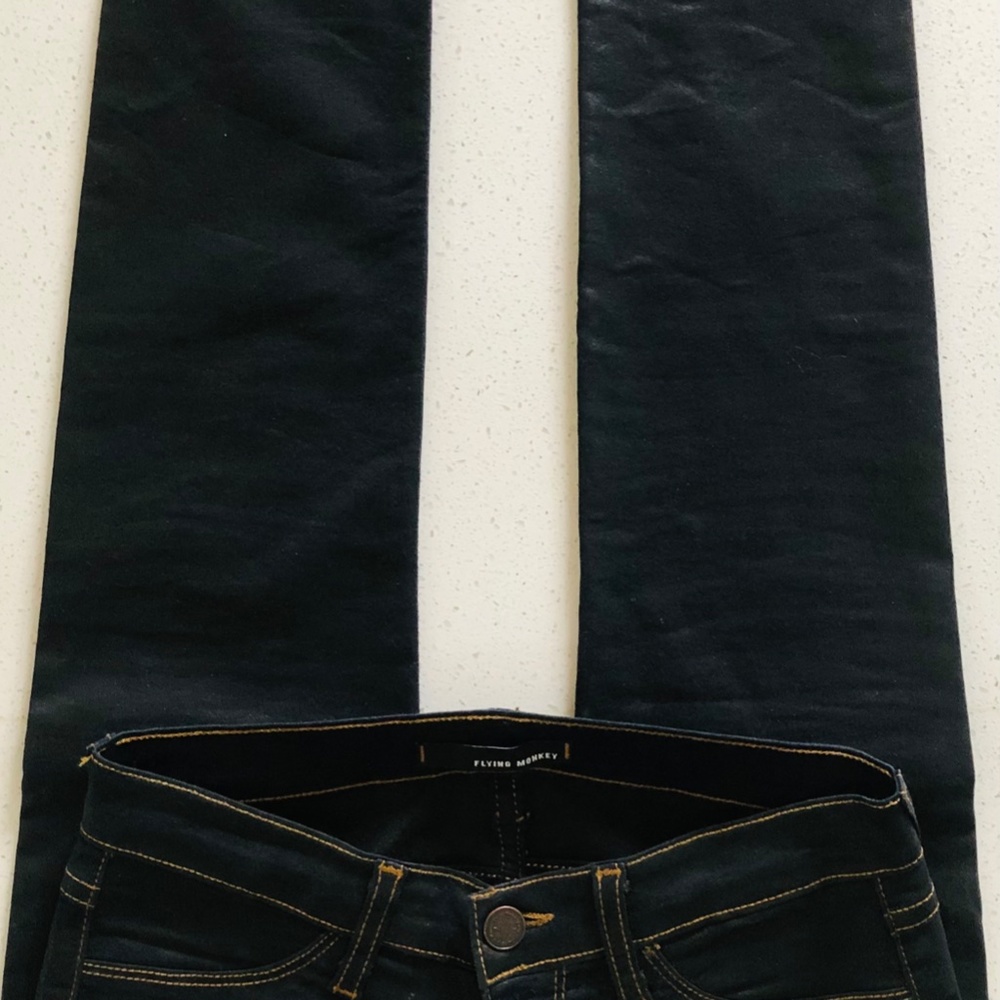 "Flying Monkey" shimmery, faux leather straight leg skinny jeans size 3